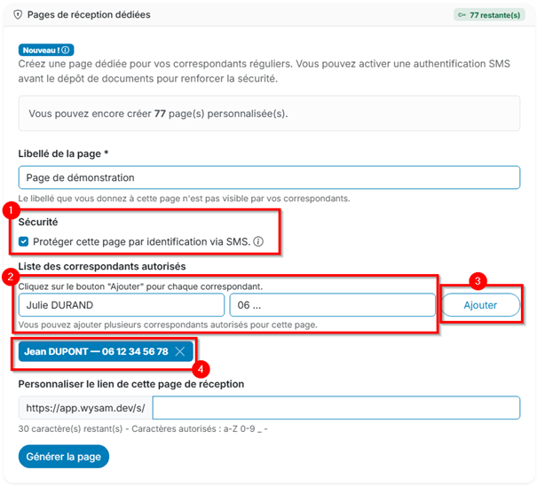 Page de réception dédiée - Création